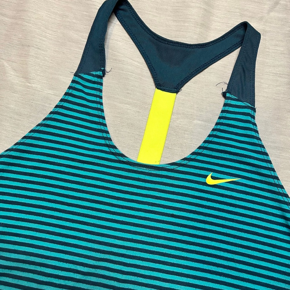 Nike Womens Dri-FIT Racerback Striped Tank Top S Teal Navy Neon Workout Running